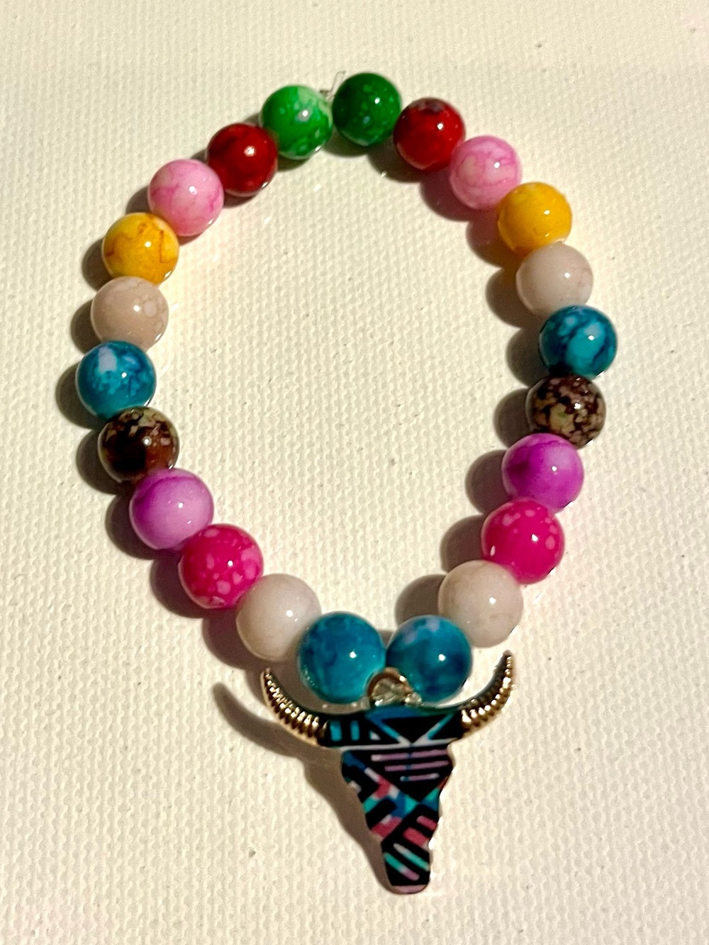 Multicolor Beaded Bracelet with Bull Pendant